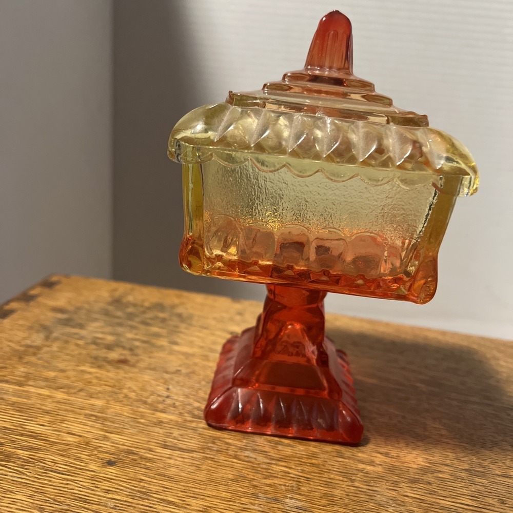 Vintage Jeannette Glass Pedestal Candy Dish Lid Red Yellow Square MCM 6.5in